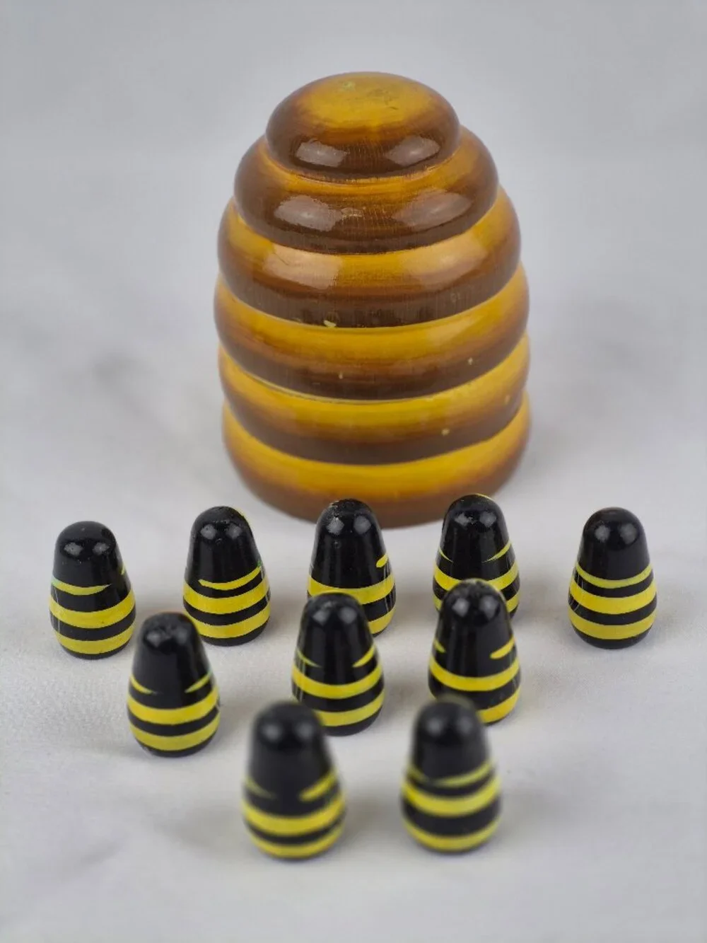 Hand Painted Ten Wooden Nesting Bees with Bee Hive